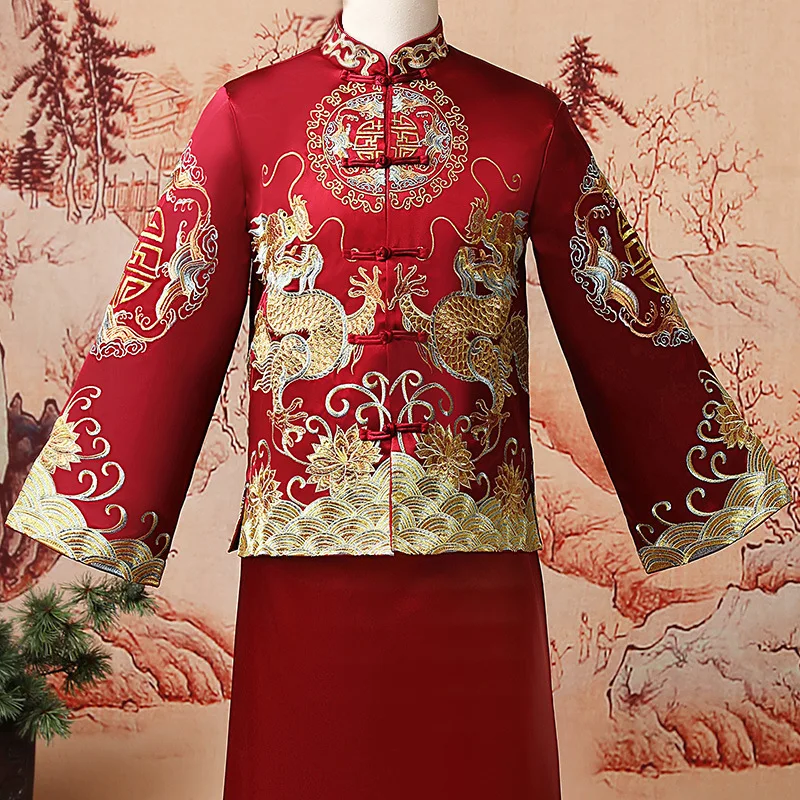 Traje de novio bordado con Dragón, traje de boda, conjunto de matrimonio de estilo chino, ropa de tostado Oriental, novedad