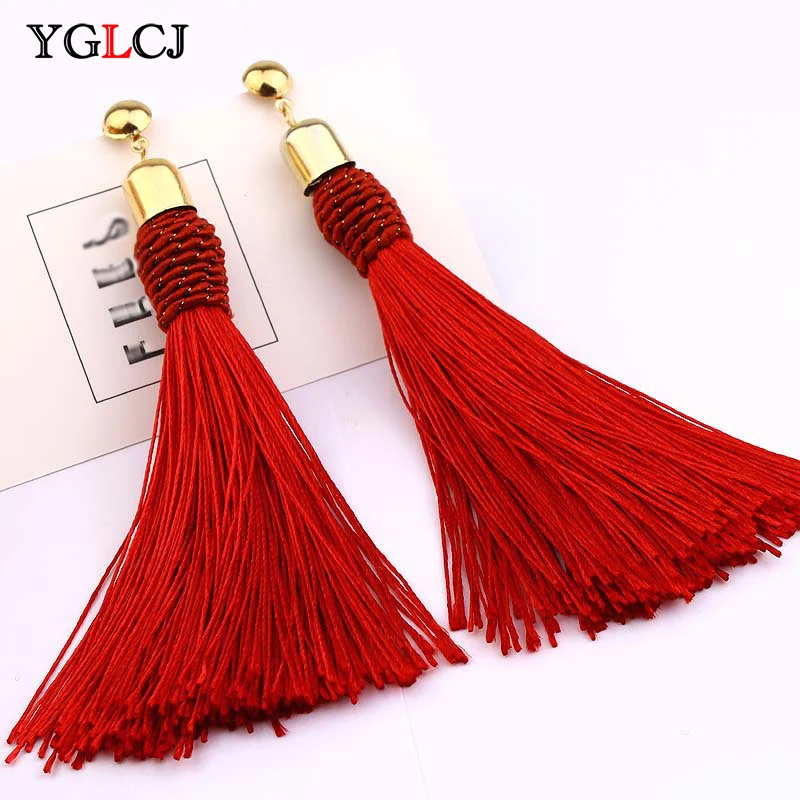 Fashion Bohemian Alloy Fringe Women\'s Earrings Black Brown Blue Red Silk Fabric Long Fringe Earrings Women\'s Jewelry