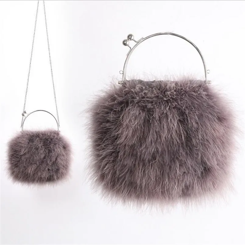 Real Ostrich Feather Handbag Women Autumn Winter Evening Bags Purse Dinner Party Clutches Ladies Messenger Fur Bag B6