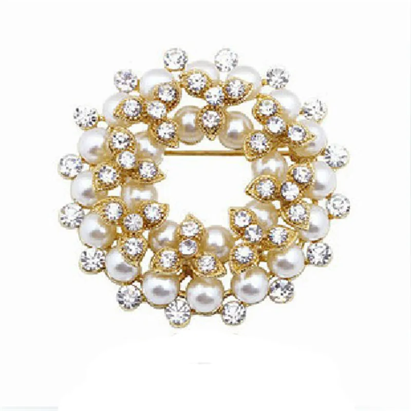 Multi Layer Elegant Women Pearl Rhinestone Wreath Brooches Flower Gold Silver Color Brooch Pins Female Wedding Bridal Jewelry