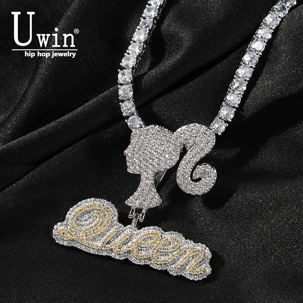 

Uwin Csutom Cursive Letter With Iced Girl Clasp Custom Name Necklace Tennis Chain Cubic Zirconia Fashion Hiphop Jewelry