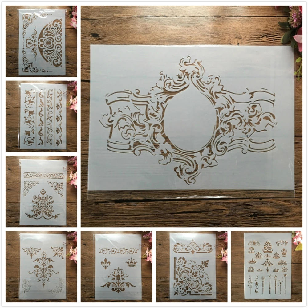 8Pcs/Lot A4 29cm Vintage Palace Floral DIY Layering Stencils Wall Painting Scrapbook Coloring Embossing Album Decor Template