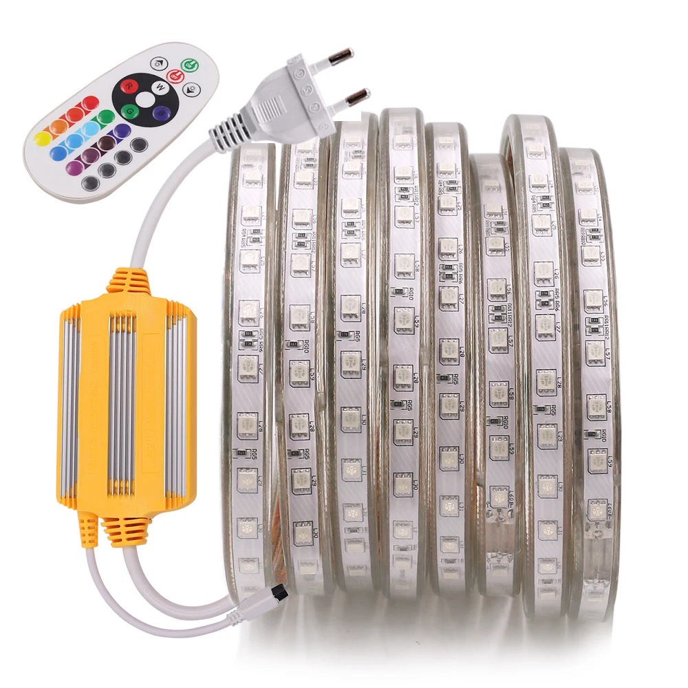 AC 220V RGB LED Strip Light Flexible LED Tape SMD5050 60LEDs/M Waterproof LED Ribbon with 1500W IR Remote Controller EU Plug