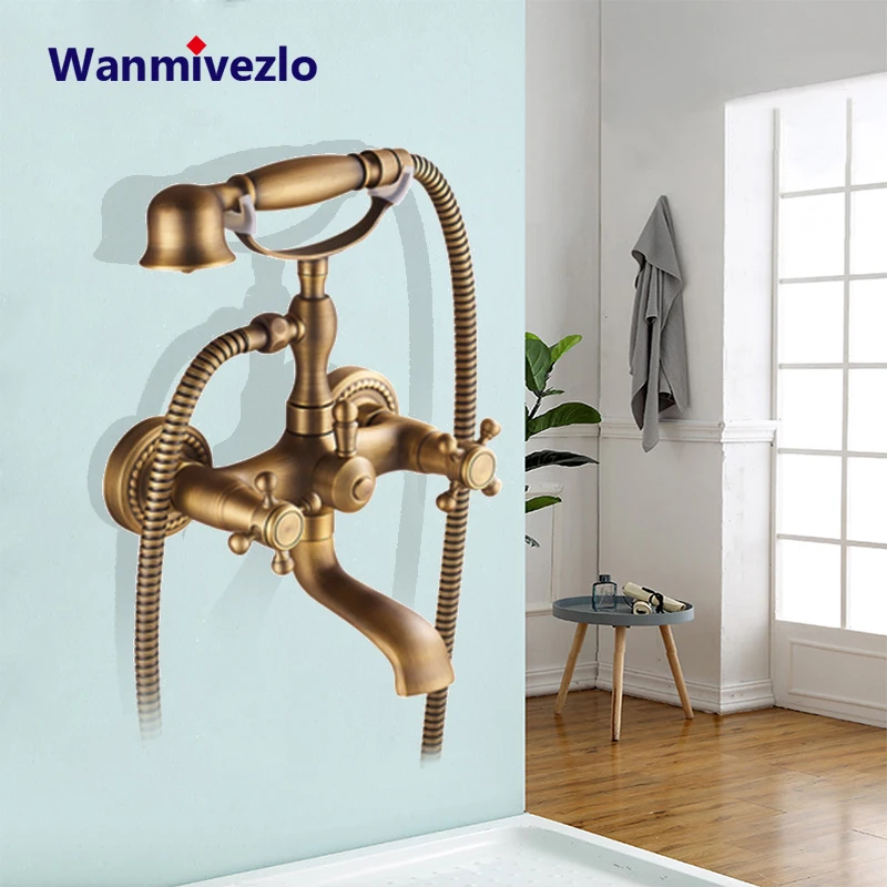 

Antique Brass Bathtub Shower Faucets Set Dual Knobs Mixer Tap Wall Mounted Bath Shower Set Swivel Tub Spout Bath Shower