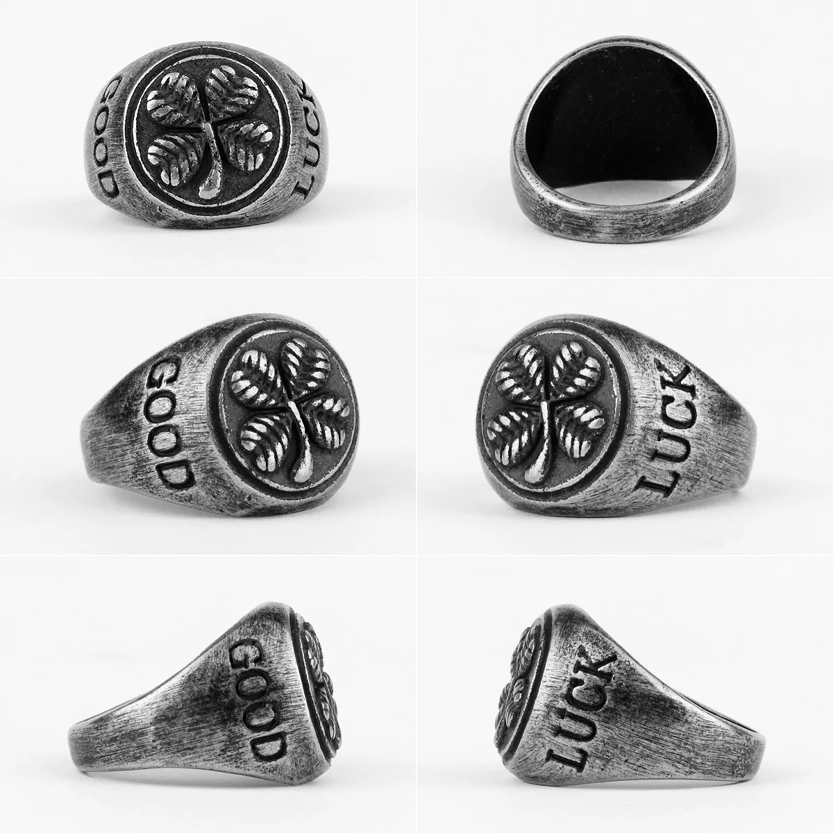 Good Luck Four Leaf Clover Retro Old Black Stainless Steel Mens Rings for Women Male Boy Biker Jewelry Creativity Gift Wholesale