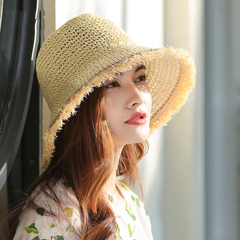 2021 Womens Straw Hats Chinese Straw Hat Panamas UV Protection Sun Visor Beach Hats Women Visors Foldable Female Summer Sun Hat