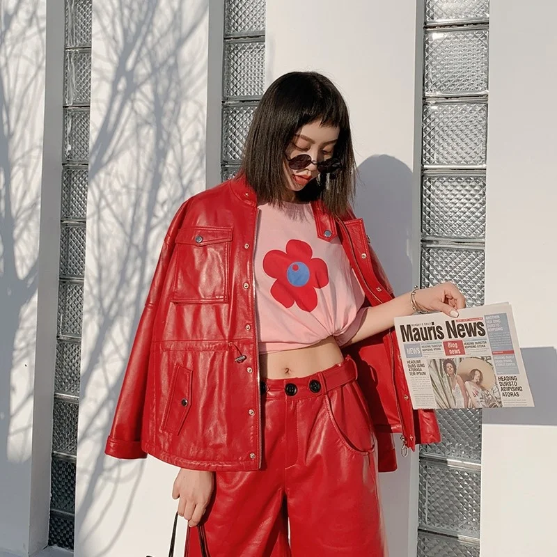 Chaqueta de piel auténtica para mujer, abrigo holgado informal con bolsillos y manga de murciélago, prendas de vestir en la cintura con cordón de