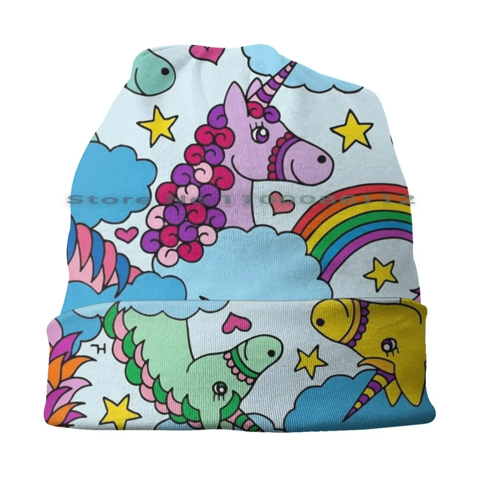 Unicorns And Rainbows Beanies Knit Hat Unicorns Magical Clouds Rainbows Cute Colorful Darling Sky Adorable Girls Hearts Stars