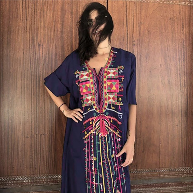 Mexican Dress Embroidery Robe Delicate Geometrci Pattern Lace-Up V-Neck Kaftan Maxi Dress Retro-Fashion Boho Party Tunic Caftan