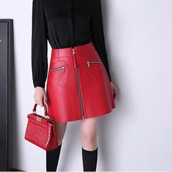 Wholesale Sheepskin Jupe Sexy Young Girl Love Pants Pocket Zipper High Waist A-Line Short Skirt Women Genuine Leather Red Skirt