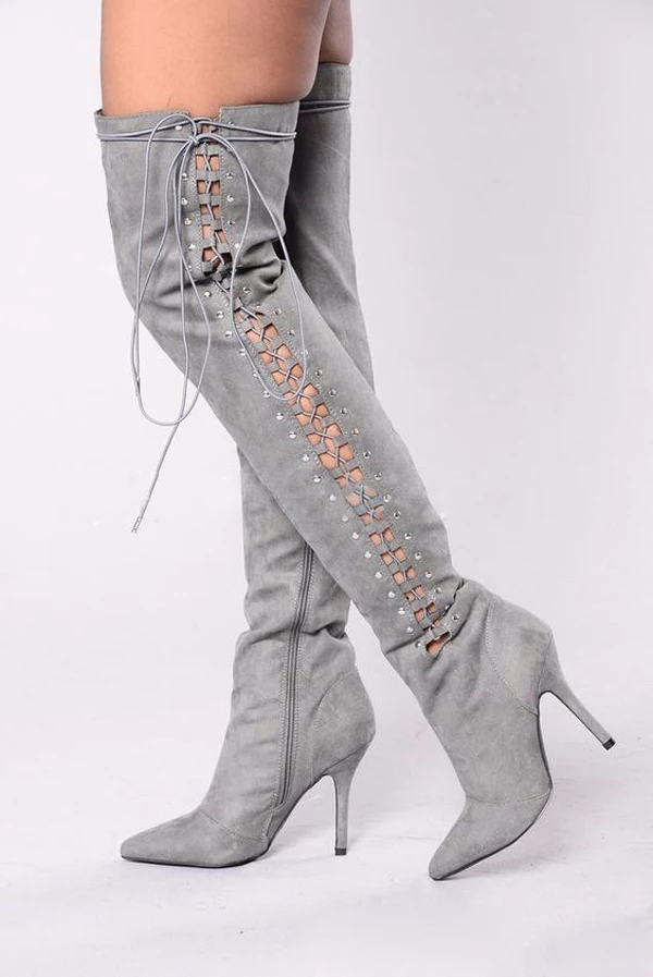 Black Grey Suede Woman Side Eyelet Thigh Boots Thin High Heels Over The Knee Boots Mujer Shoes Woman Long Knight Boots