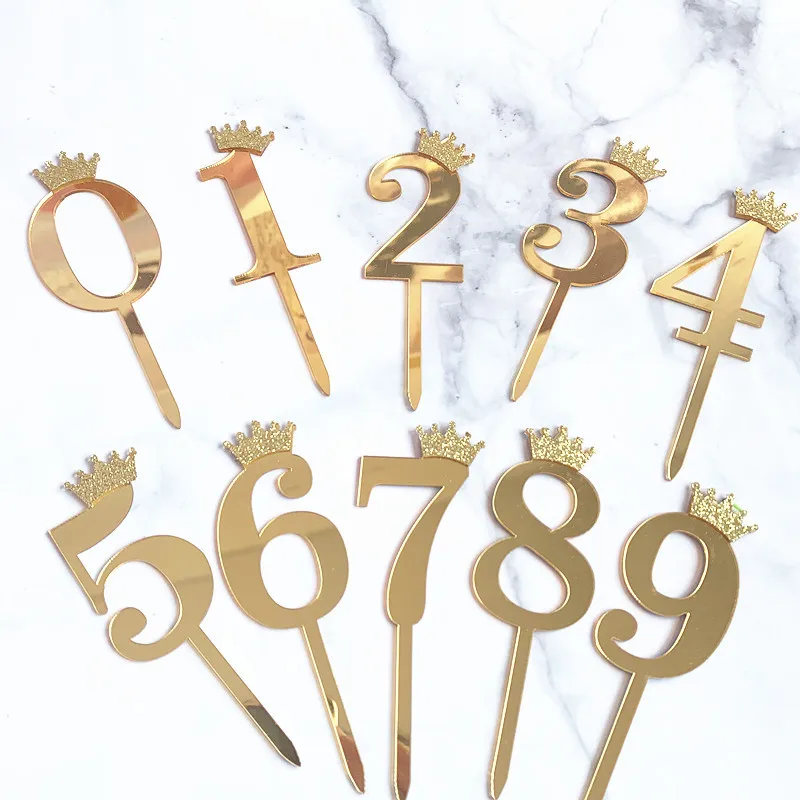 1pcs/Lot Gold Number Cake Topper Bling Crown Birthday Party Cupcake Decoration New Creative Writing Baking Dessert Flags Theme