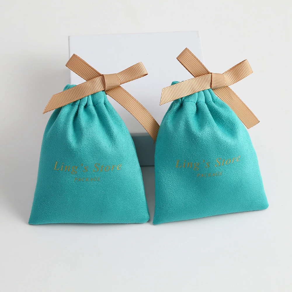 

100 Green Custom Drawstring Bags Personalized Logo Velvet Flannel Jewelry Packaging Pouches Chic Wedding Favor Bags