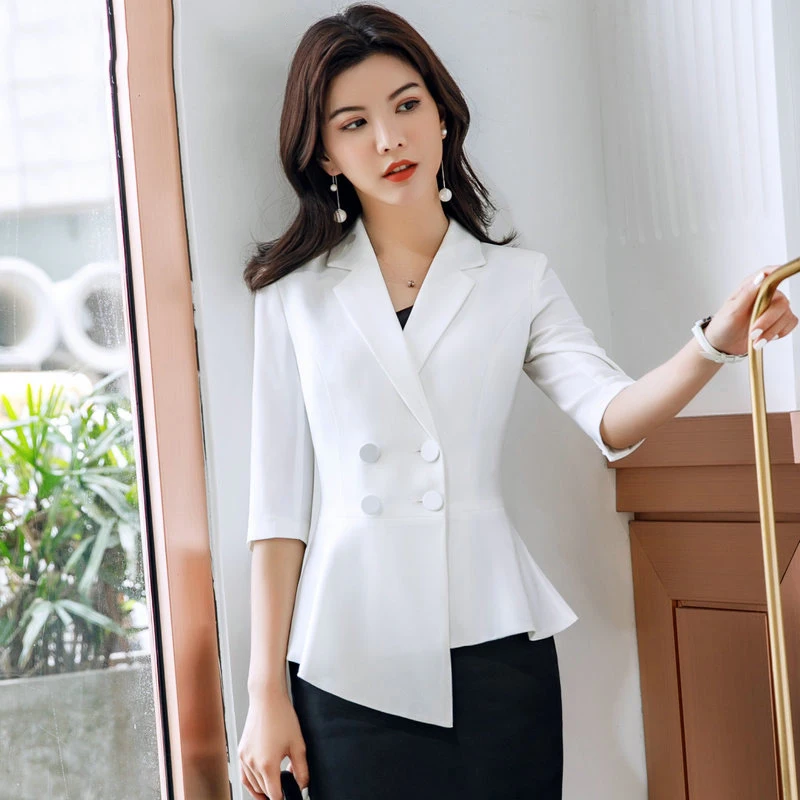 Women Thin White Blazers Autumn Female Summer Blazer Half Sleeve Double Breasted OL Womens Slim Coats Femme Ladies Black Tops