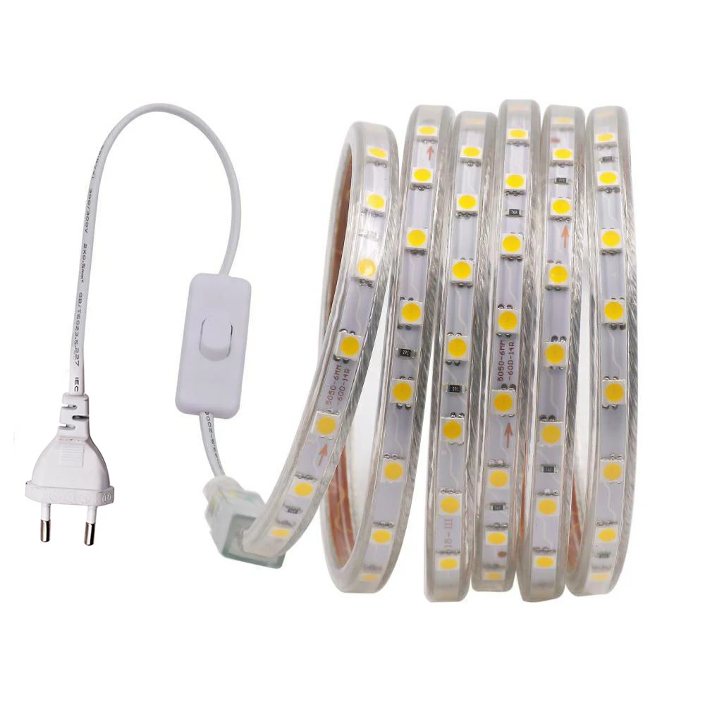 SMD 5050 2835 220V LED Strip Waterproof Flexible Light Tape Rope Lights Cold White With Dimmer Switch Plug 1M/2M/5M/10M/15M/20M