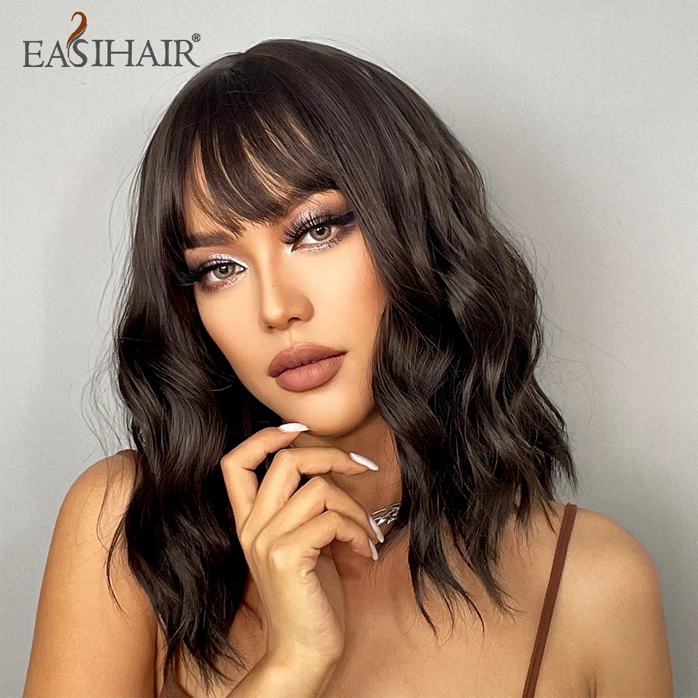 EASIHAIR Short Bob Curly Wavy Synthetic Wig with Bang Dark Brown Natural Women\'s Wigs for Daily Use Cosplay Heat Resistant Fiber