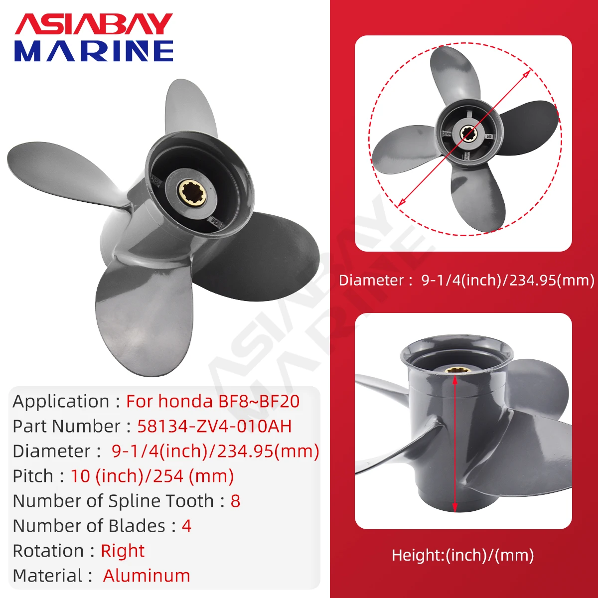 Outboard Propeller For Honda 8hp 9.9hp 10hp 15hp 20hp 9 1/4*10 Boat Motor 4 Blade Aluminum Screw 8 Spline Marine Engine Part