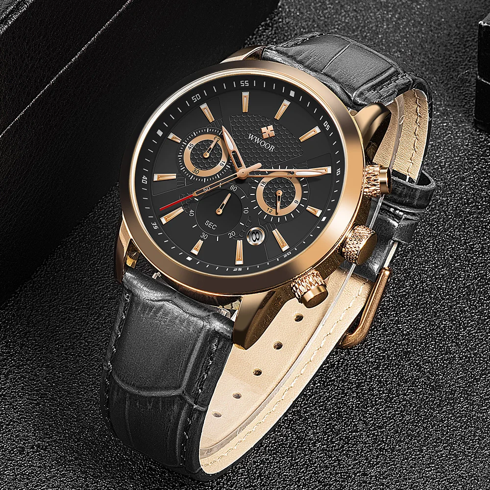 2024 New WWOOR Watch Mens Sports Chronograph Quartz Wristwatches Luxury Leather Waterproof Date Clock with Box Relogio Masculino