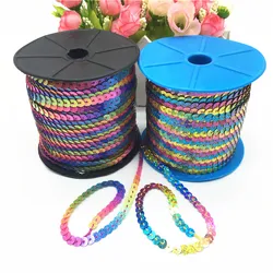 New Fashion Rainbow Color 100Yards/Roll 6mm Loose Diameter Round Flat Sequins Sewing on Trims for Craft Pillow/Cloth Accessories