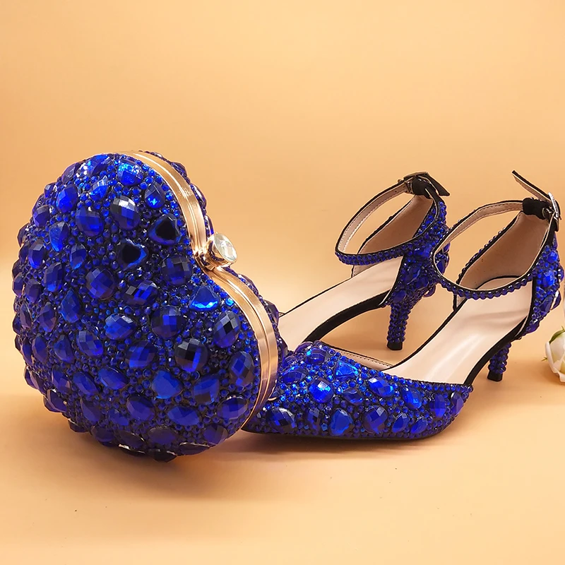 Royal Blue Rhinestone Wedding shoes and heart bags set woman shoes crystal Party dress shoes Bride Ankle strap women shoes