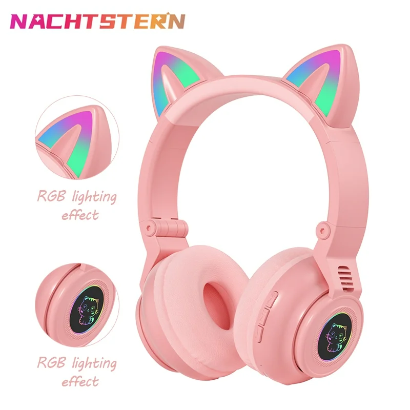 SEMFIO Cute RGB Kitten Wireless Headsets Bluetooth 5.0 Bass Noise Cancellation Adult Child Girl Earphone TF Card Helmet with Mic