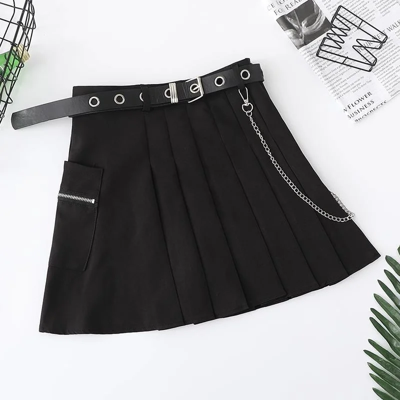 YBYR Punk Summer Gothic Skirts For Women Streetwear Casual Zipper High Waist Black Skirt y2k Sexy Mini Pleated Skirt Belt Chain