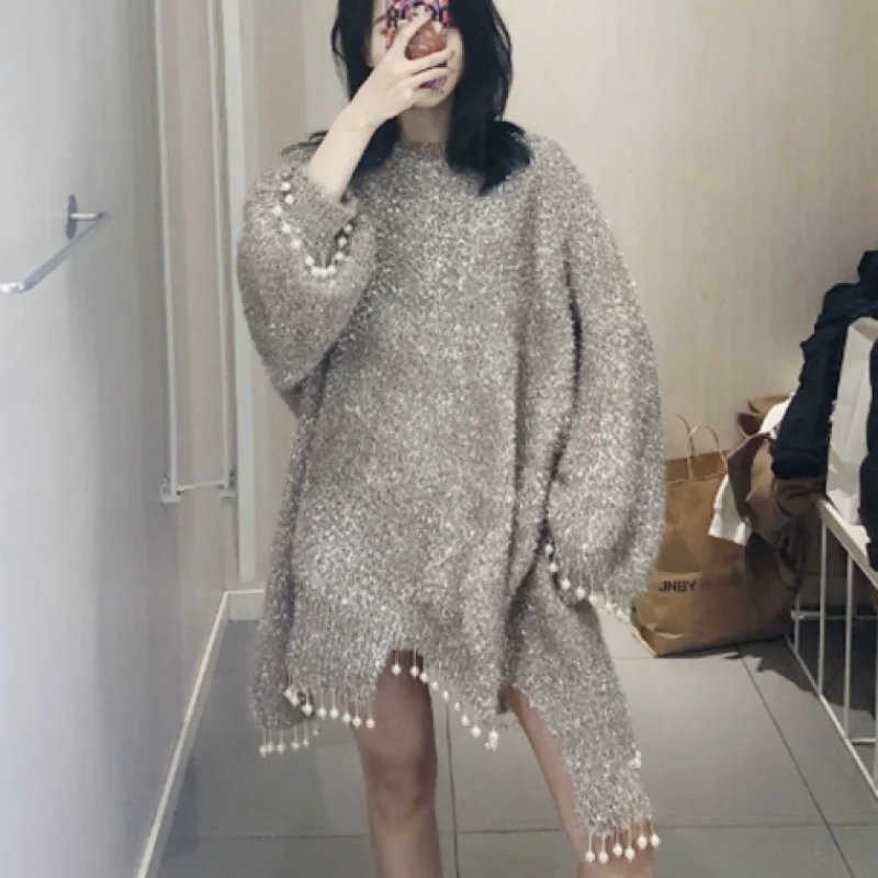 Cakucool New Silver Lurex Sweaters Pearls Beading Tassel Shiny Asymmetric Jumper Korean Cute Furry Mid Long Sweaters Khaki