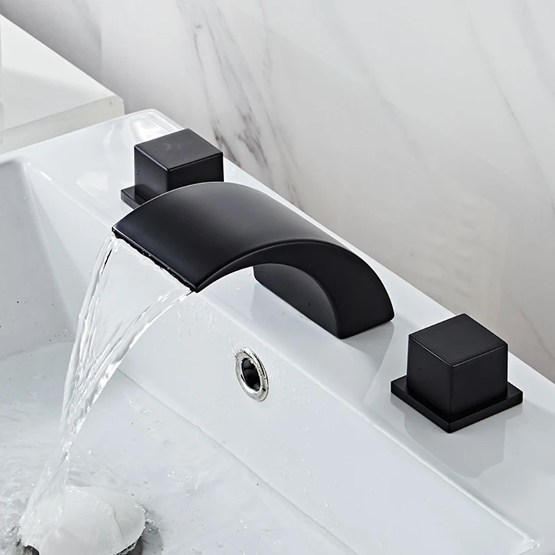 Matte Black Bathtub Faucet Double Handle Design Bathroom Faucet Waterfall Install On Bathtub All Brass Cold and Hot Basin Tap