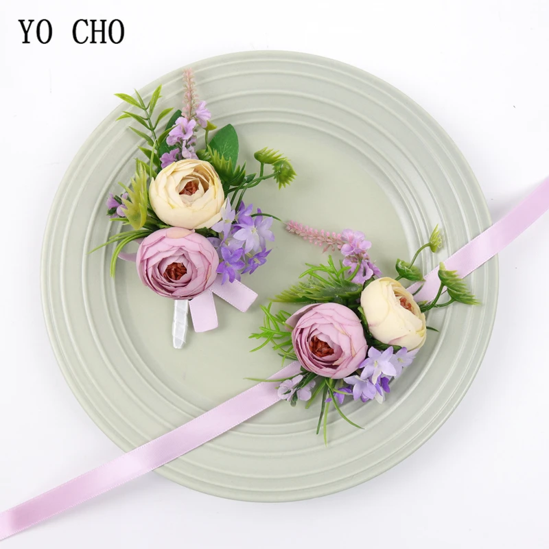 YO CHO Artificial Flowers Groom Boutonniere Man Bride Girl Wrist Corsage Sister Brother Wedding Flowers Party Rose Decoration