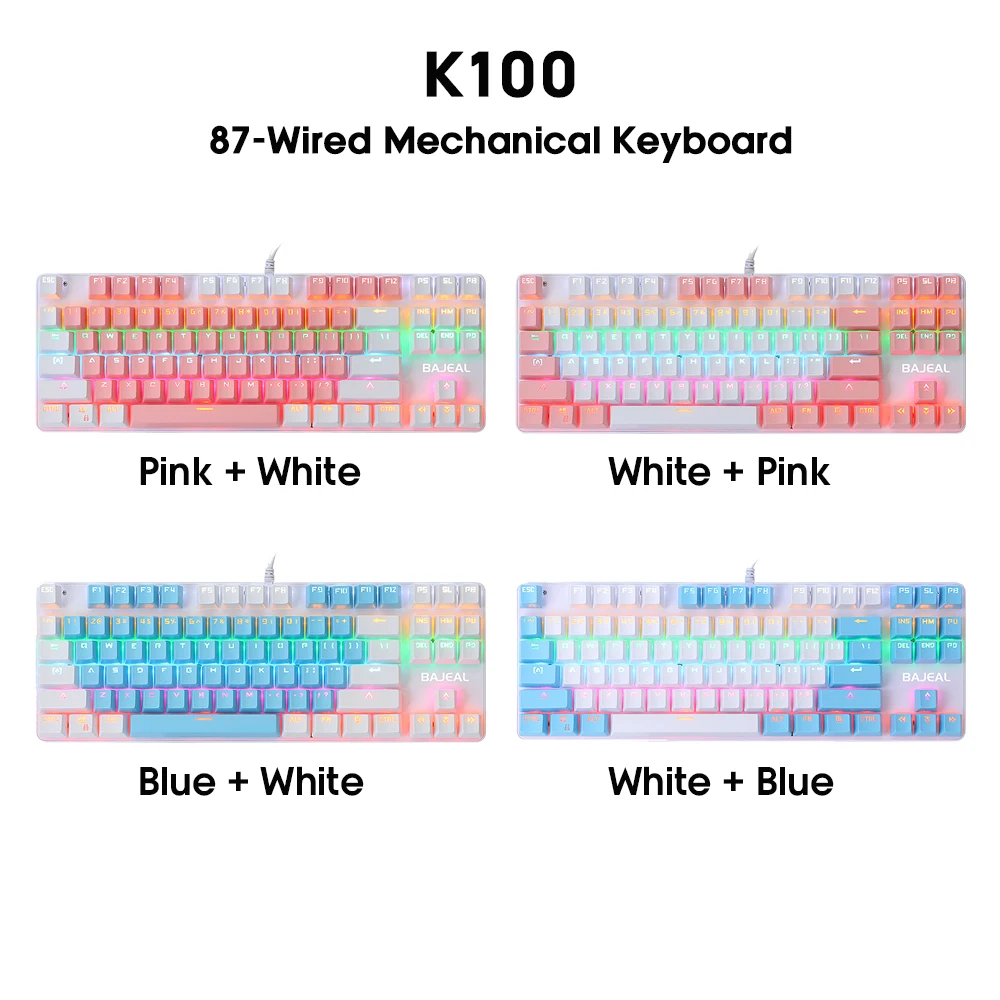 BAJEAL K100 87 Keys Wired Gaming Mechanical Keyboard Mixed Light Mechanical Keyboard with Blue Switch Suspension Button For PC