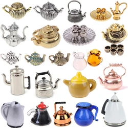 1/12 Scale Doll House Miniature Metal Ceramic Tea Doll House Furniture Miniature Dining Ware Toy Teapot Cup Plate