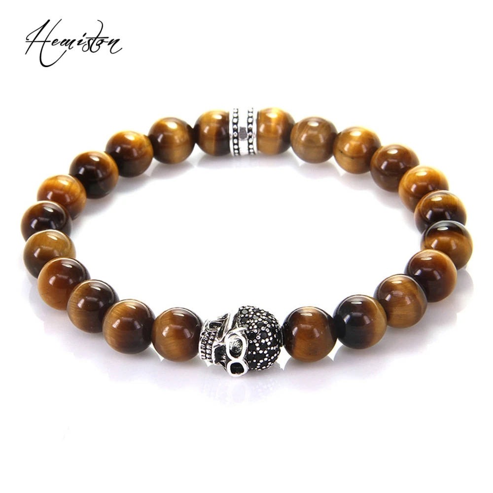 8MM TS Tiger's Eye Beads Elastic Bracelet with Skull Hero Bead, European Rebel Heart Jewelry Gift Natural Stone Bracelets
