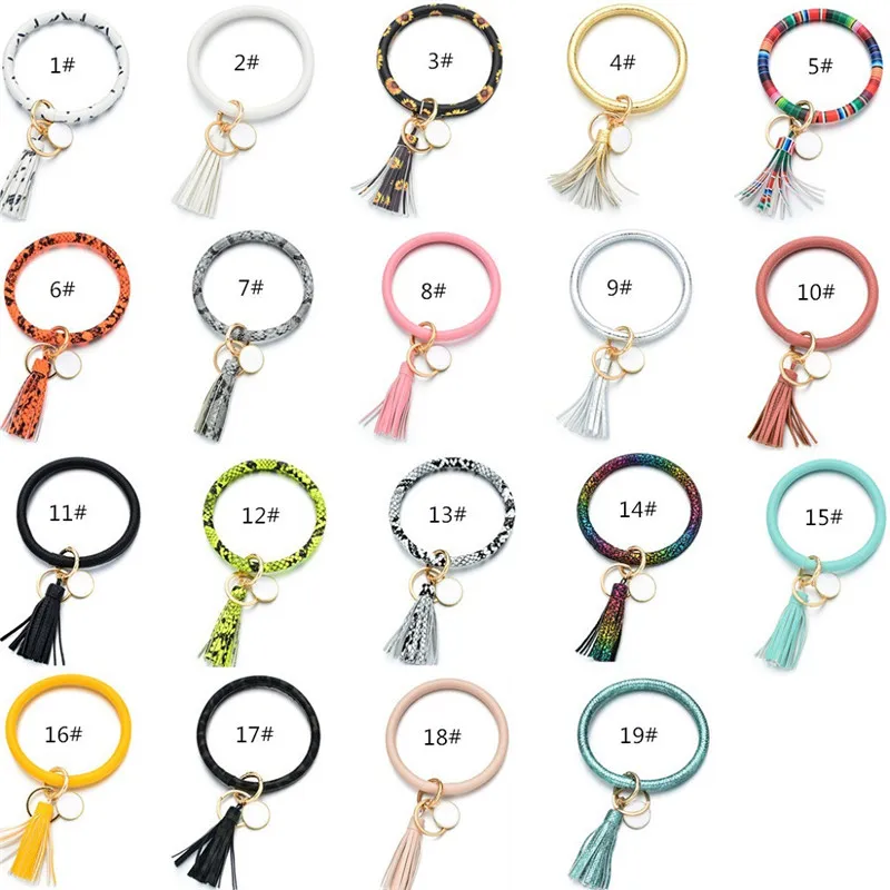 

100pcs/lot Fashion Rainbow PU Leather Round Tassel Bracelet Keyring for Women Trendy Big Circle Gringe Spot Keychain Accessories