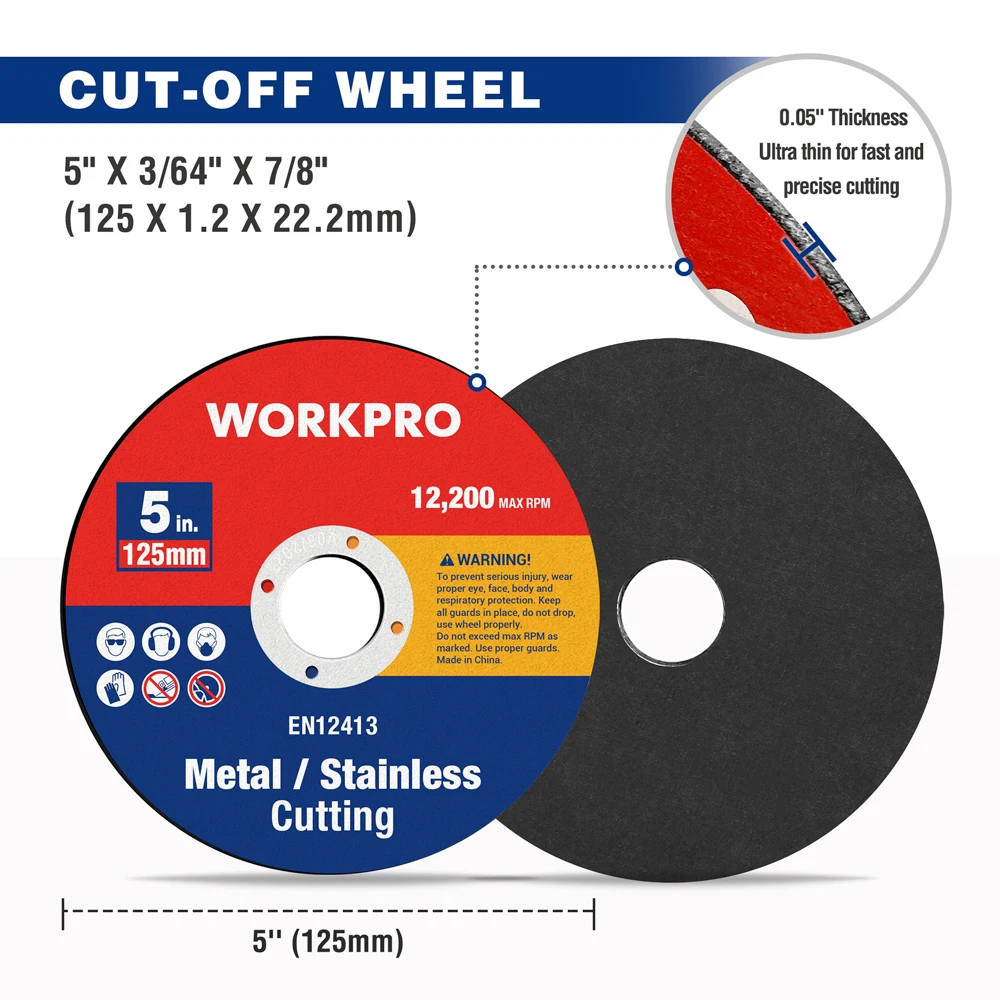 WORKPRO 앵글 그라인더 휠용 절단 그라인딩 휠, 금속 스테인레스 스틸 절단 디스크, 10/25 PCs, 125mm, 5 인치