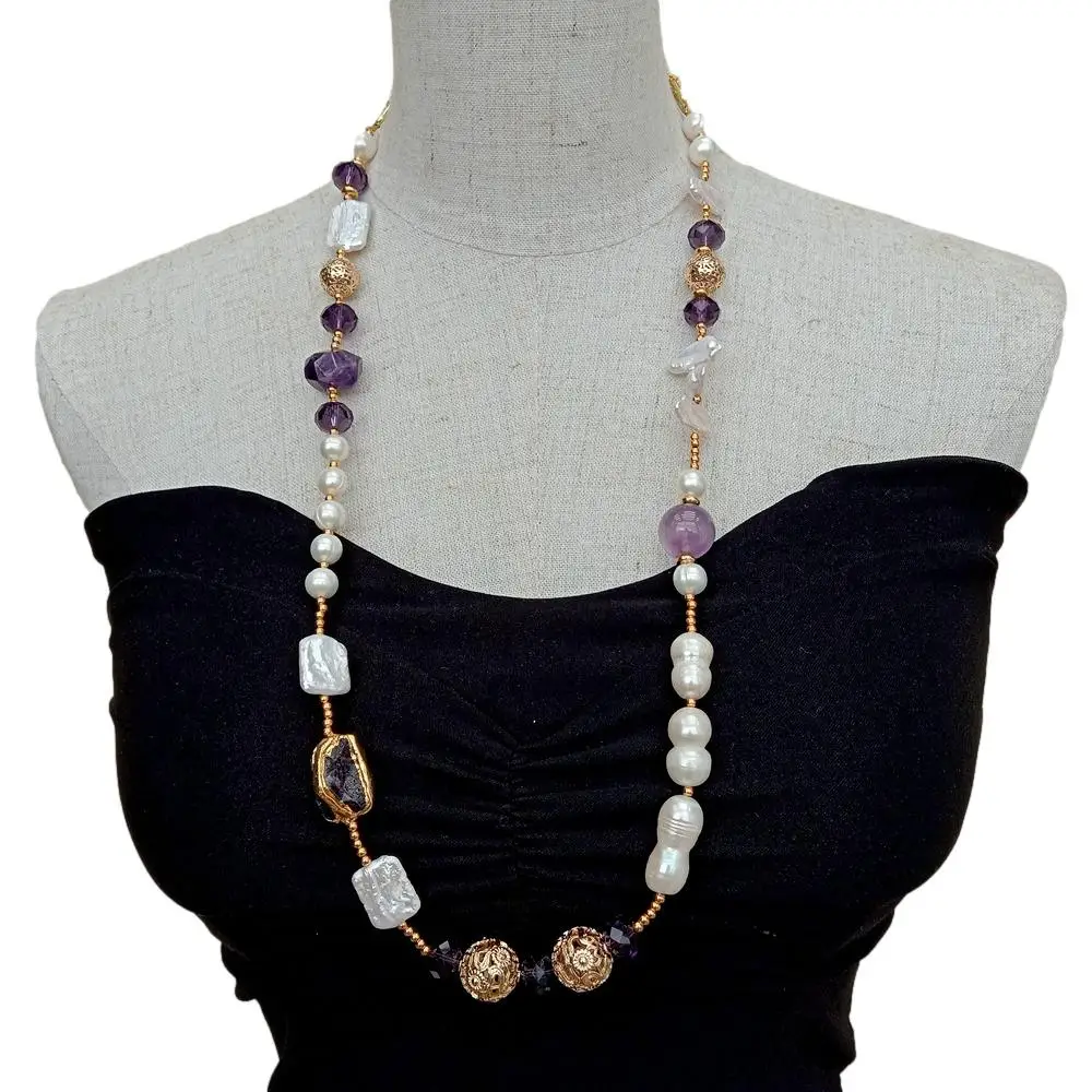 Y·YING natural Freshwater Cultured White Pearl Amethyst Crystal Long Necklace 29\