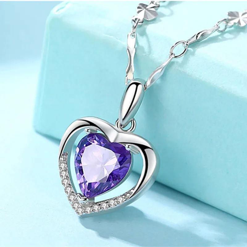 Romantic Heart Blue Pink Crystal Pendants Necklace for Women Silver 925 Wedding Projection Necklace for Women Girl Friend Gifts