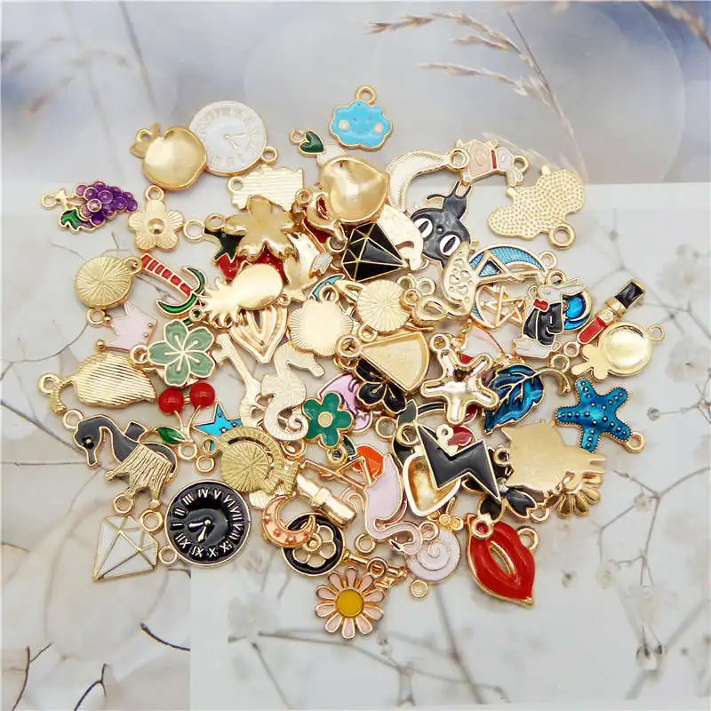 

Julie Wang 60PCS Enamel Charms Random Mixed Animal Flower Fruit Moon Alloy Necklace Bracelet Drop Oil Jewelry Making Accessory