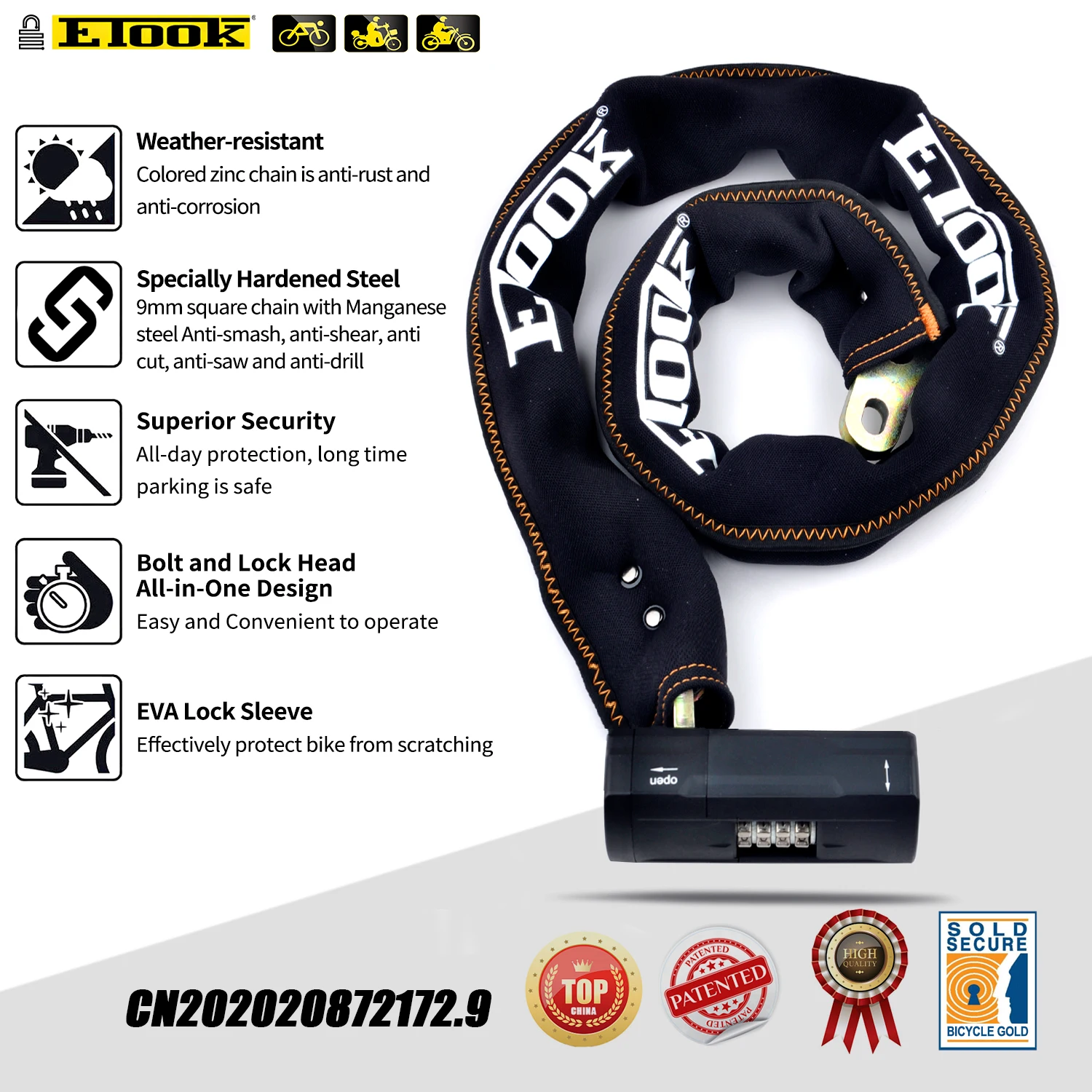 ETOOK Anti-Theft Chain Lock Password Cycling Heavy Duty Motorcycle Chain Lock with Metal Password