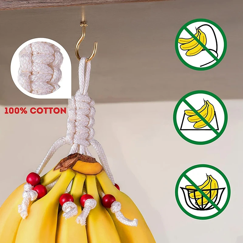 Hamaca de macramé para frutas, Red de soporte y gancho para colgar debajo del Gabinete de cocina, vegetales, cesta de frutas