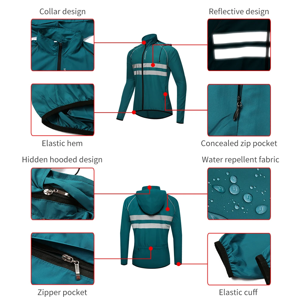 WOSAWE Hooded Cap Reflective Men Running Jackets Windproof Water Rain Repellent Cycling Windbreaker MTB Bike Sports Jackets