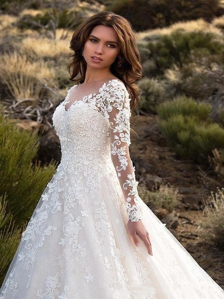 Vestido de novia clásico de manga larga, prenda Sexy con cuello en V, Espalda descubierta, línea A, con apliques de encaje transparente