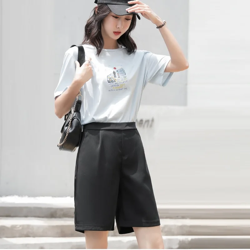 

Suit Half Pants Elegant Capris Women Elastic Waist Short Wide Leg Trousers Summer Casual Loose Knee Length Pants