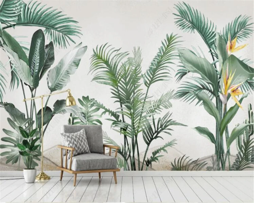 

Custom wallpaper hand-painted tropical rain forest plant leaves marble background wall murals decoration painting 3d wallpaper