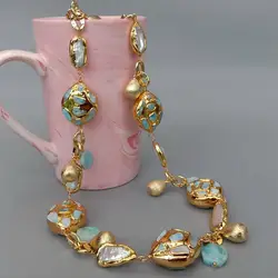 KKGEM natural blue larimar chips beads natural Cultured White Biwa Pearl pave Gold Plated Chain Long Necklace 30
