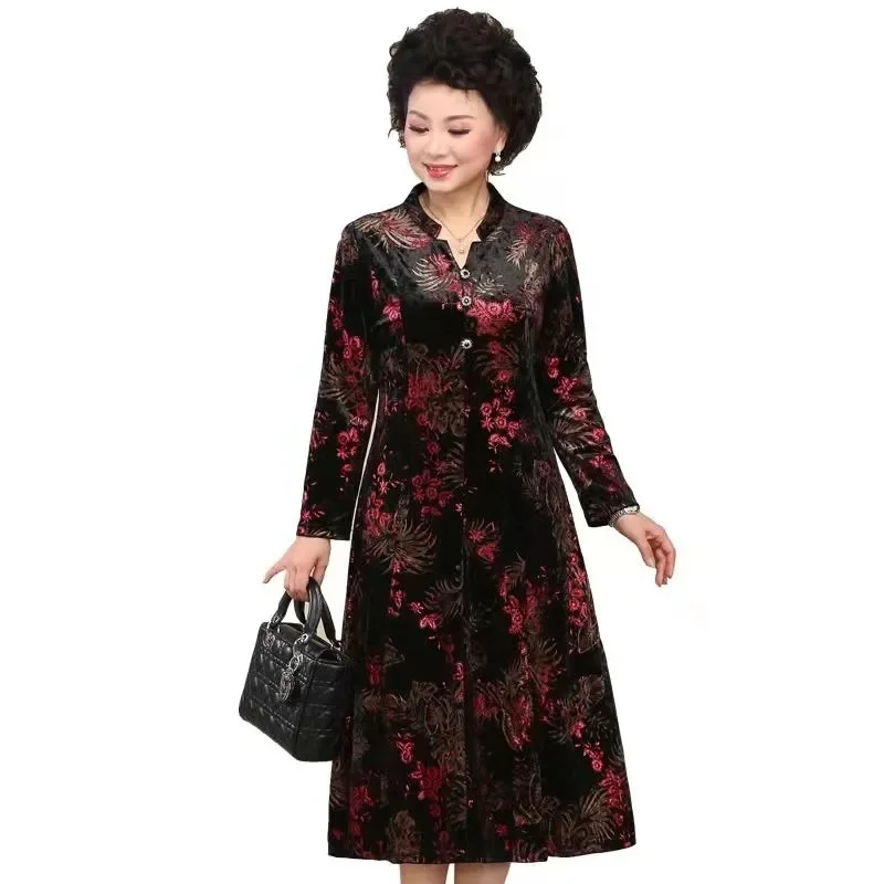 

Middle-aged Mother Silk Velvet Dress Autumn Winter New Women XL-6XL Dresses Middle-aged Female Noble Cheongsam C1781