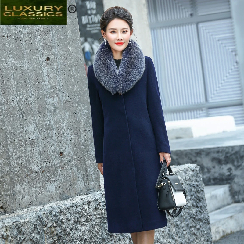 

Collar Fur Natural Fox Wool Coat Female Long Cashmere Jacket Women Korean Woolen Jacket 2021 winter Autumn Overcoat W1588