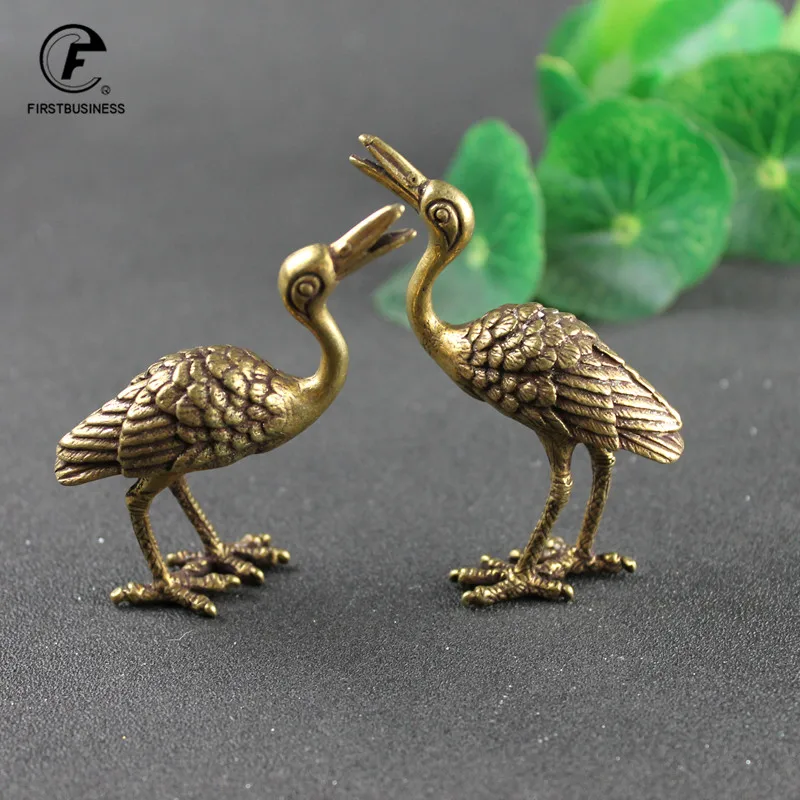 Solid Copper Chinese Feng Shui Animal Crane Sculpture Small Ornament Brass Tea Pet Home Figurines Office Desk Decorations