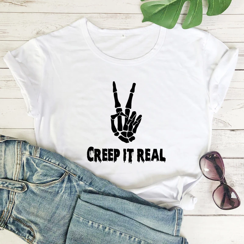 Creep It Real Halloween T-shirt Funny Women Short Sleeve Halloween Holiday Tshirt Creepy Skeleton Hand Graphic Tee Shirt Top