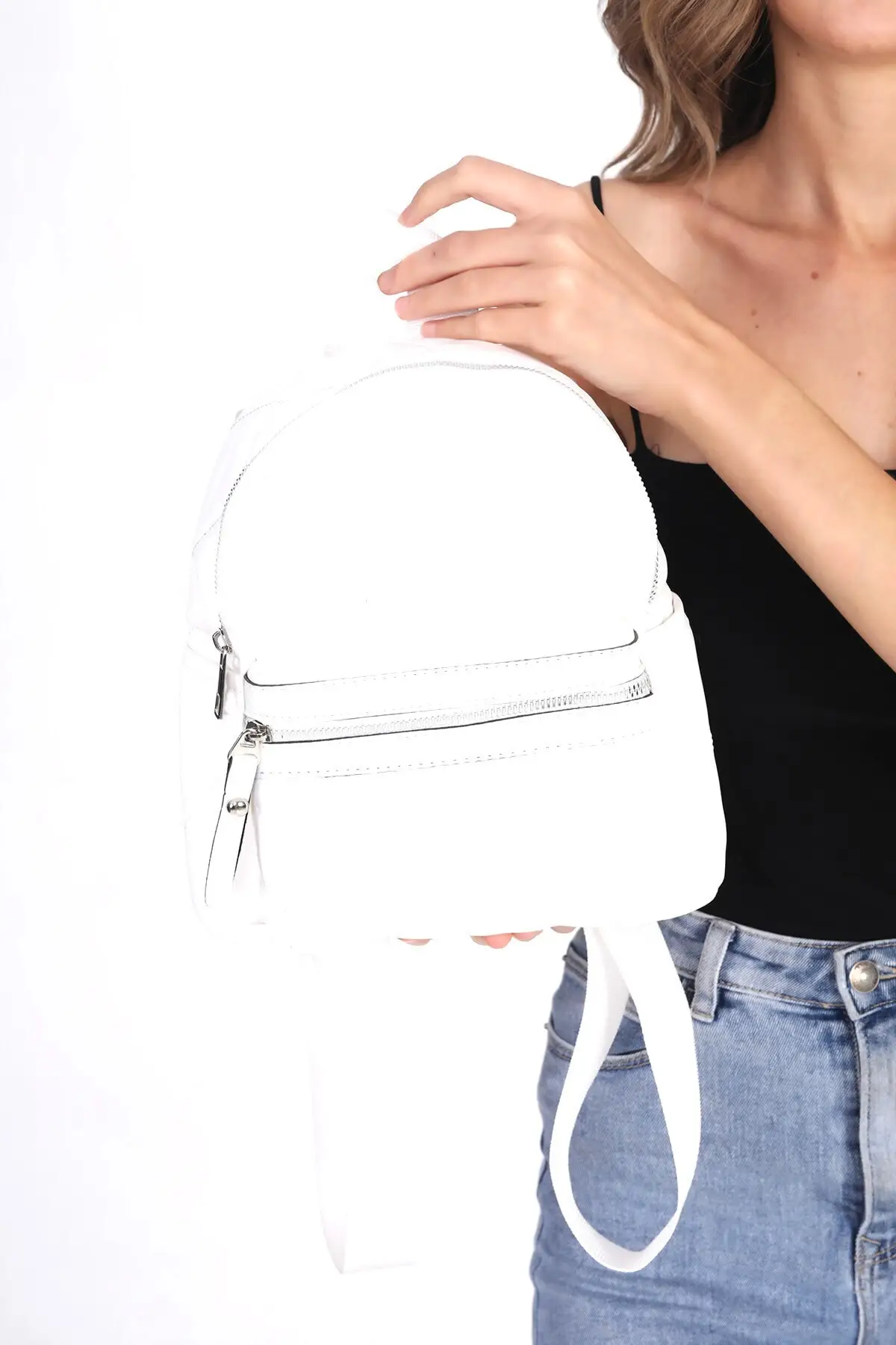 Tas Ransel Wanita Putih Pola Berlapis