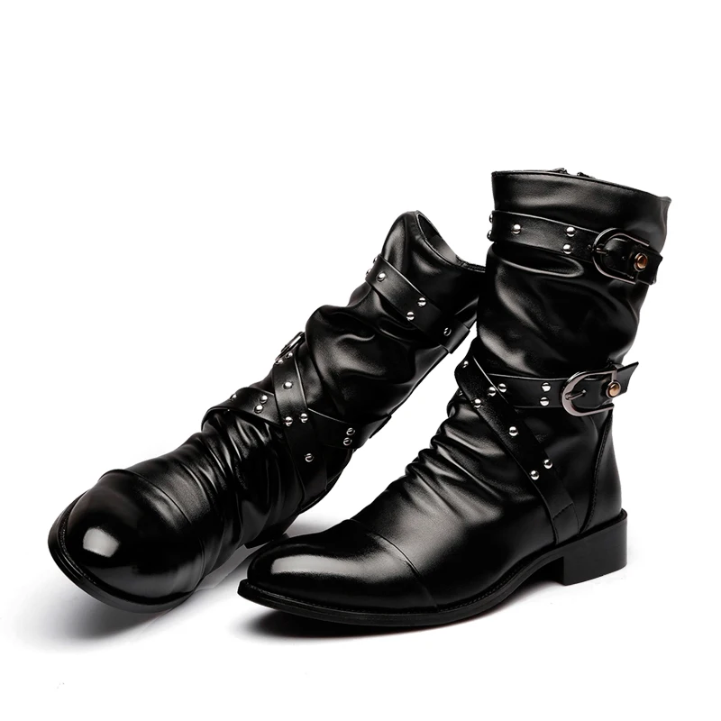 Idopy New Autumn Gothic Men Pointed Toe Stage Performance Faux Leather Boots Male Punk Leather High Heels Shoes Buckle Booties